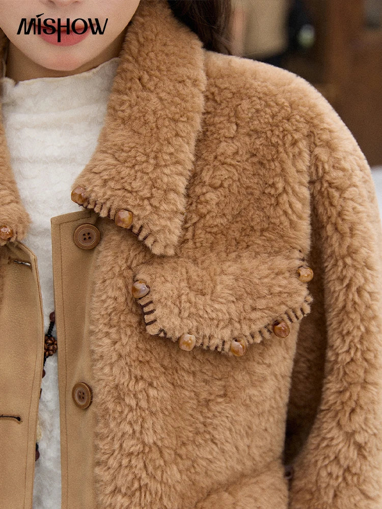 MISHOW Faux Lambskin Coat Turn-Down Collar Brown Loose MXE89W0896