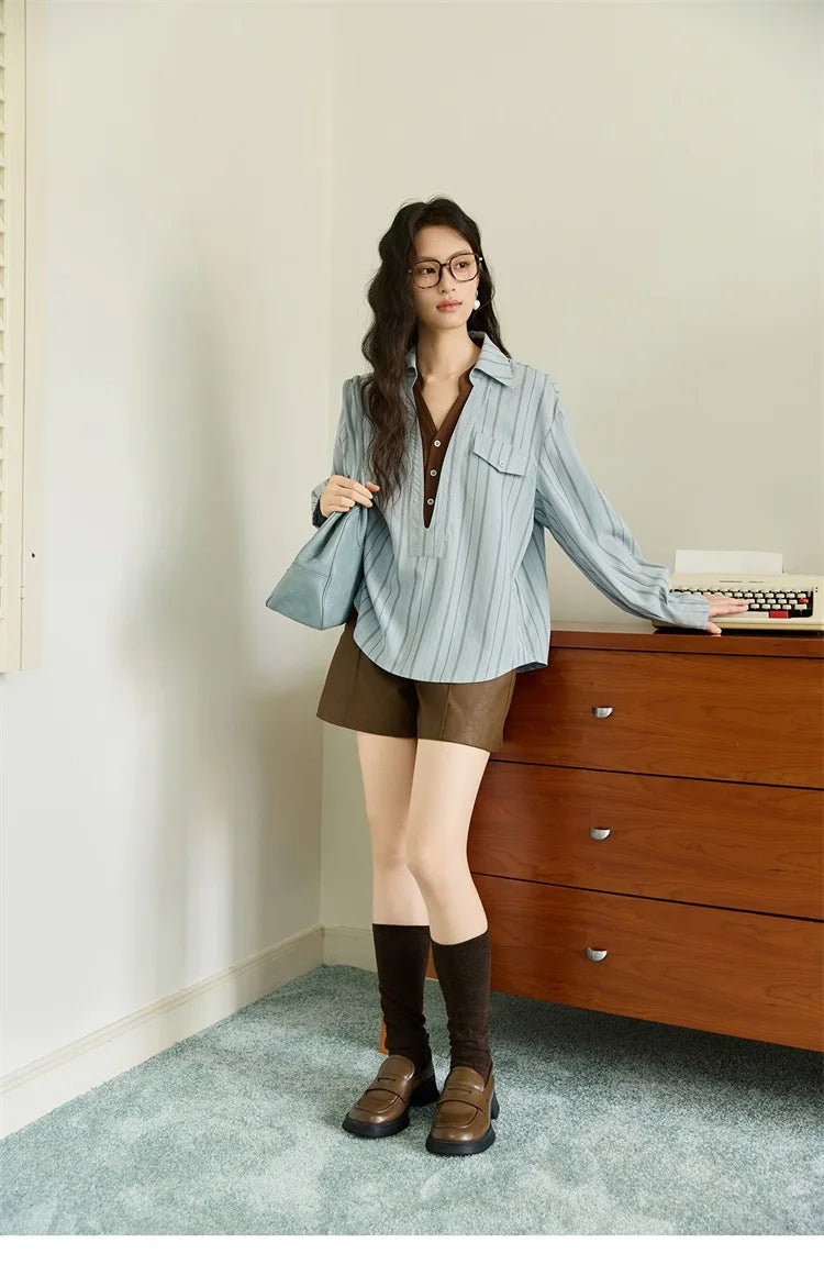 MISHOW Peach Skin Velvet Stripe Shirt Double Layered Collar MXE47C2408