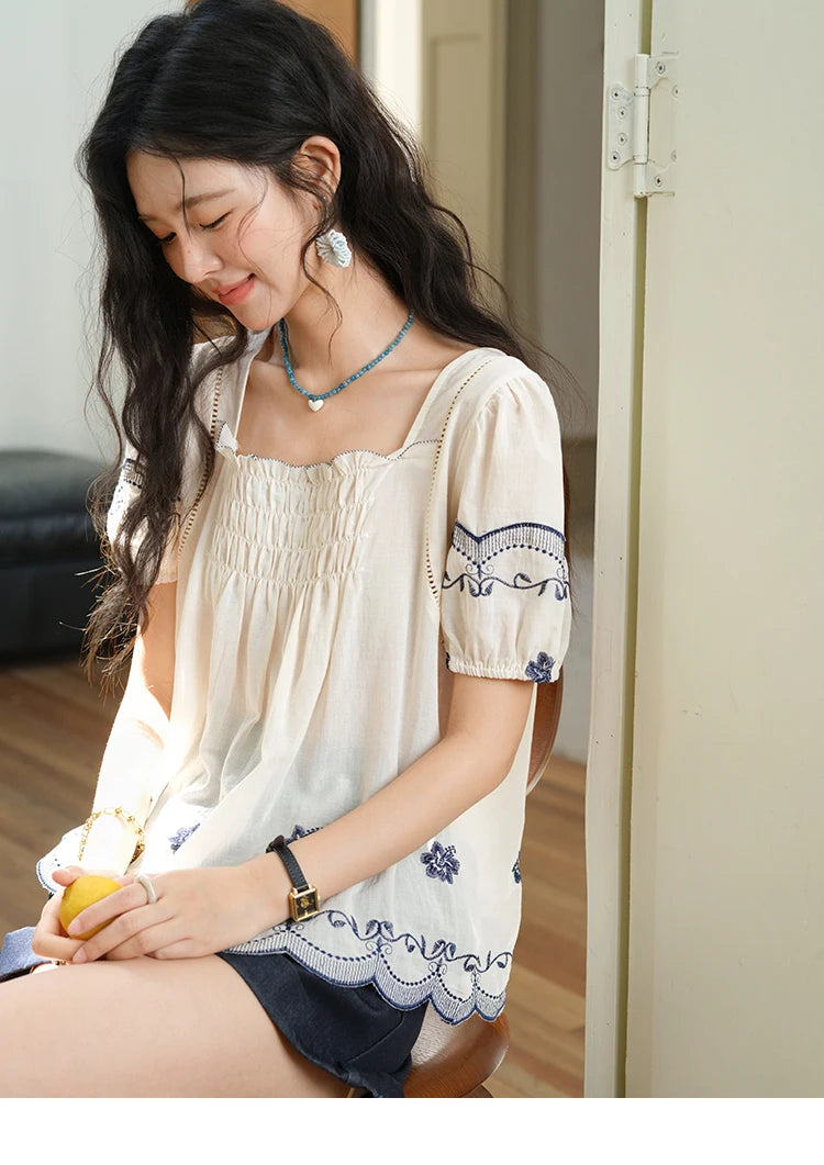 MISHOW Square Neck Puff Sleeve Blouse Flower Embroidery Hollow MXE39X1953