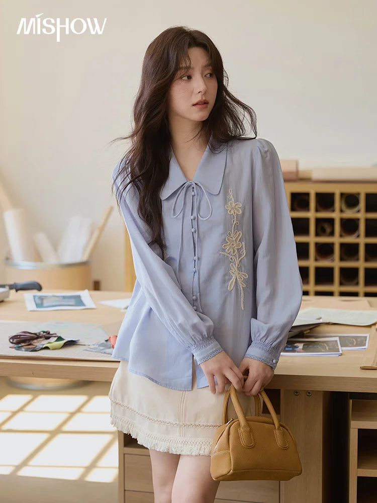 MISHOW Lyocell T-Shirt Flower Embroidered Puff Sleeves Lace-Up MXE42C2371