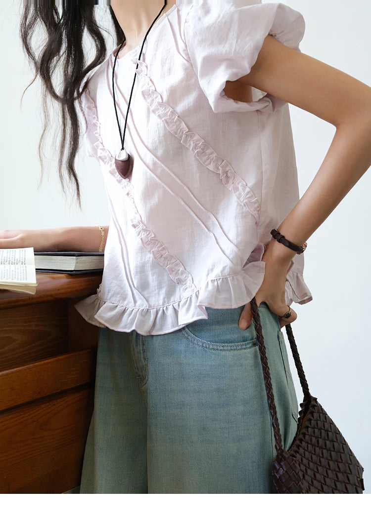 MISHOW Fungus Edge Puff Sleeve Blouse O-Neck Loose MXE39X1941