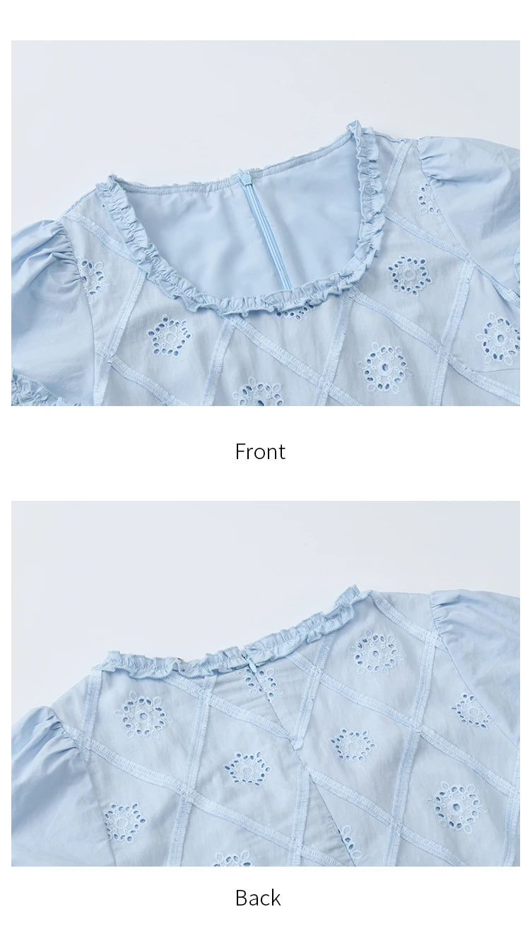 Mishow Blue Lace Mushroom Edge Puff Sleeve Dress MXE38L2348