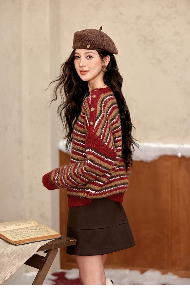 Mishow Christmas Retro Striped Wool Blend Button Sweater MXD59Z1060
