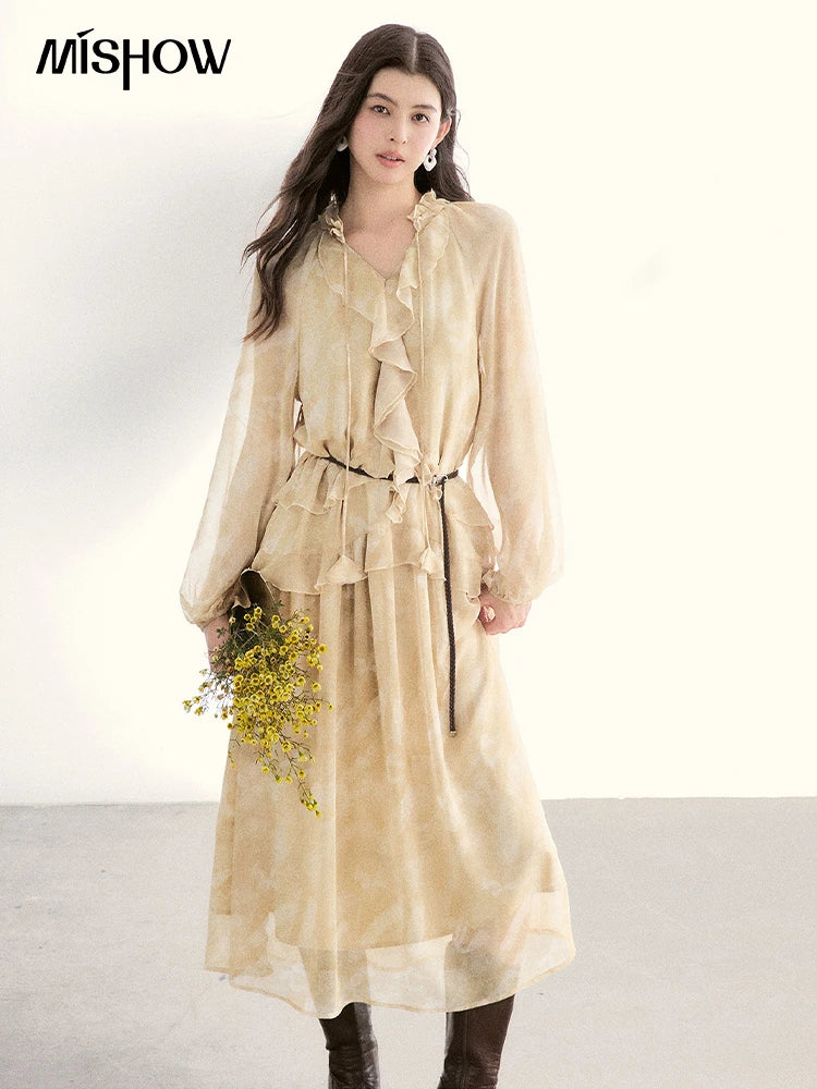 MISHOW Light Yellow Chiffon Maxi Dress V-Neck Ruffled Belted MXF11L2554