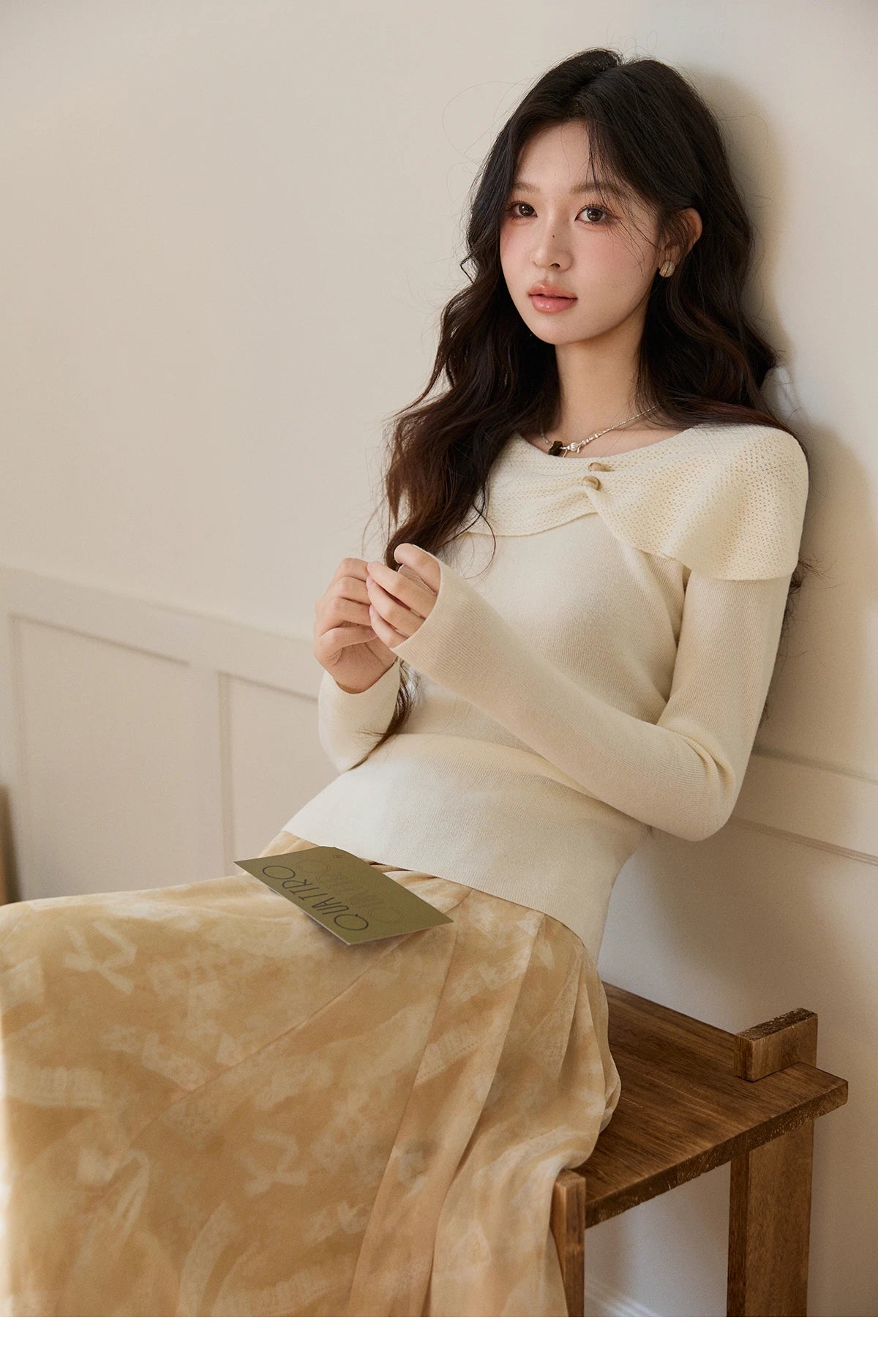 Mishow Beige Asymmetrical Collar Wool Sweater MXF11Z2918