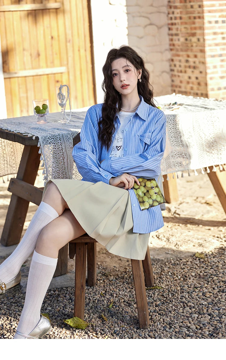 MISHOW Blue Striped Shirt Pocket Turn-Down Collar MXE11C0399