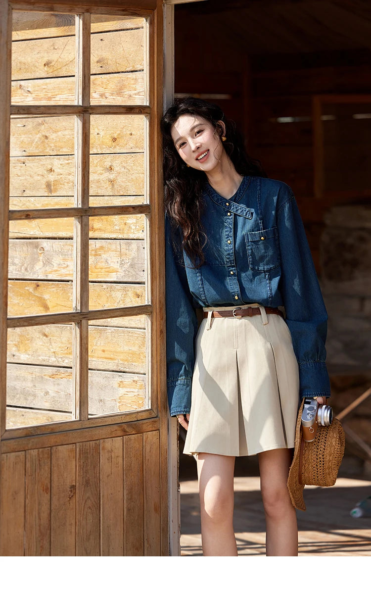 MISHOW 100% Cotton Denim Shirt O-Neck Loose Fit MXE12C0384