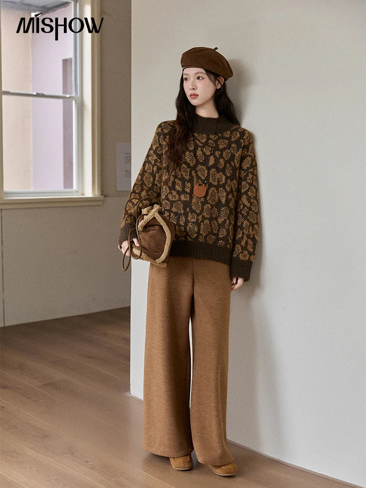 Mishow Color Block Leopard Jacquard Half Turtleneck Sweater MXE91Z2839