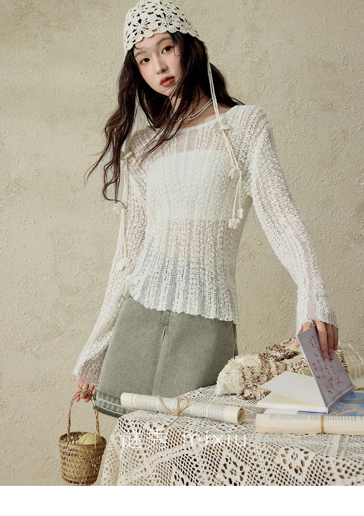 Mishow Apricot White Hollow Mohair Drop Sleeve Top MXE12Z1120