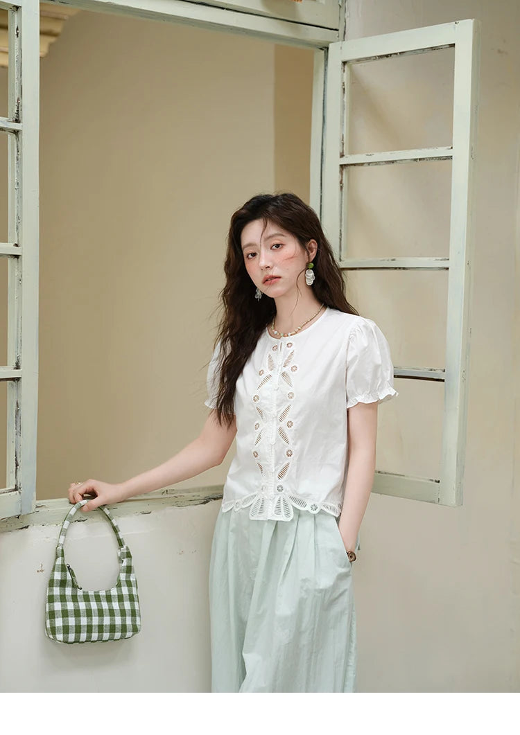 MISHOW 100% Cotton Hollow Embroidery Round Neck Puff Sleeve MXE39X1938