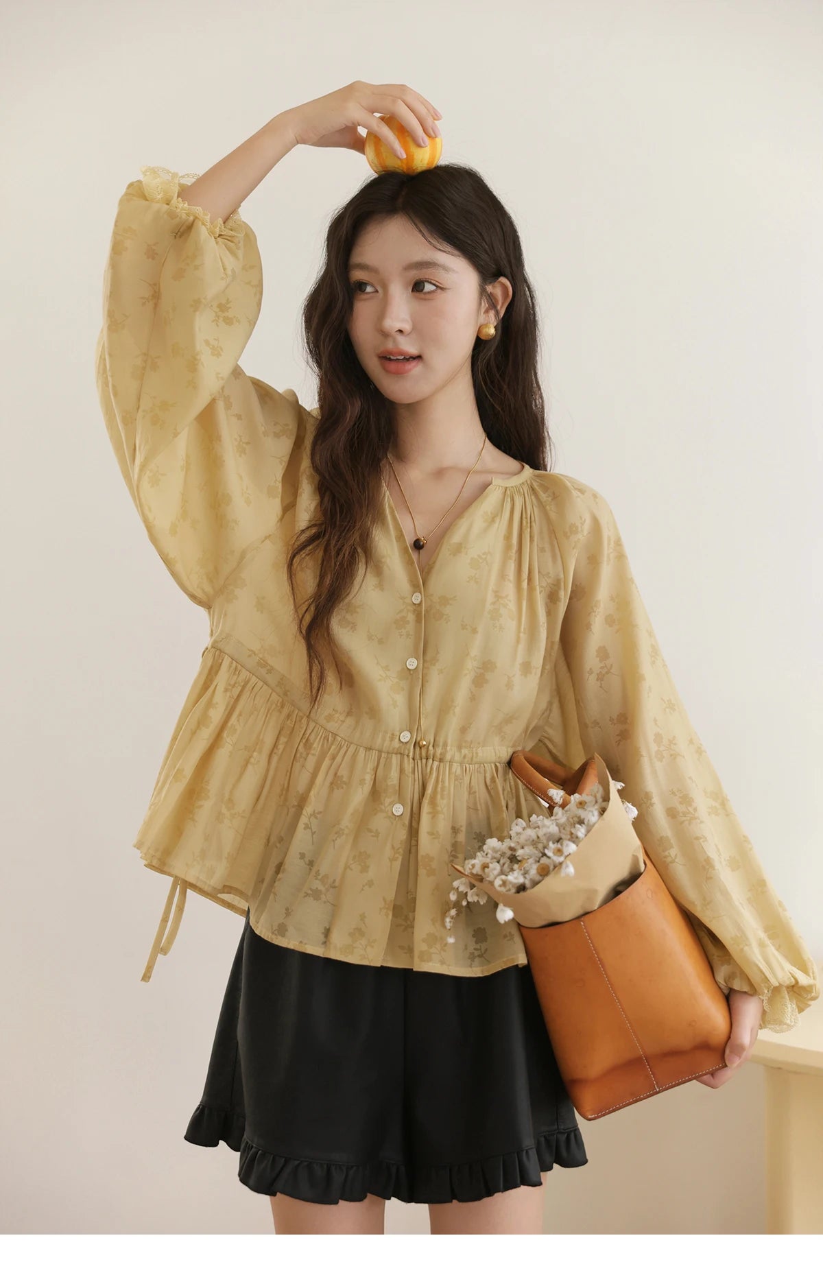 MISHOW Yellow Print Shirt Lantern Sleeve Drawstring Waist MXE45X2499
