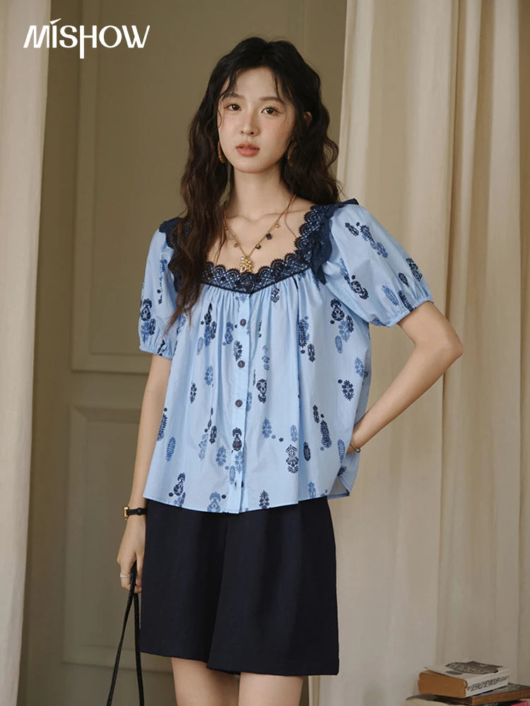 MISHOW Print Cotton Shirt Puff Sleeve Lace Splicing MXE35X1842