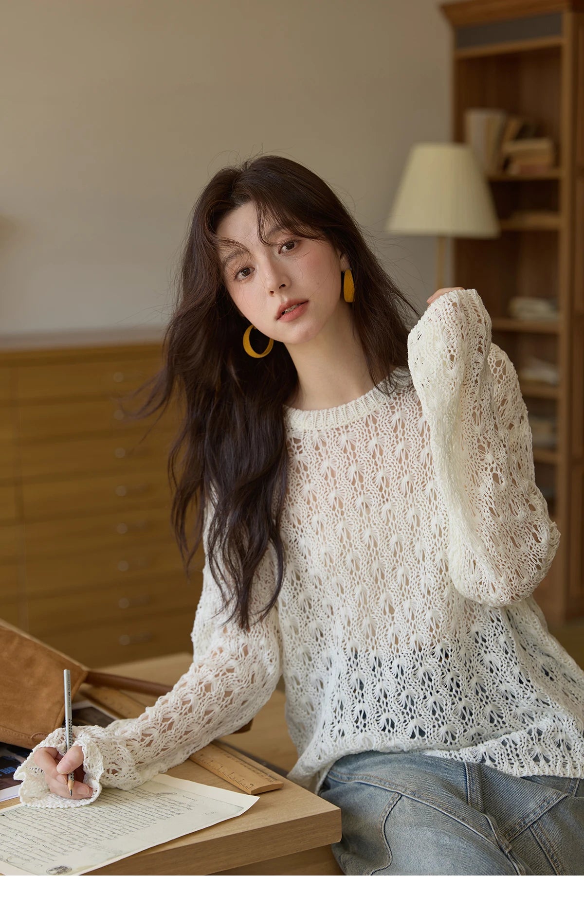 Mishow Hollow Jacquard Dropped Sleeve Sweater MXE43Z1360