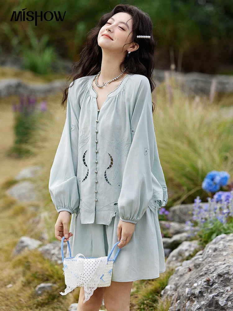 Mishow Vintage Hollow Embroidery Blouse & Solid A-Line Skirt Set MXE12T0455