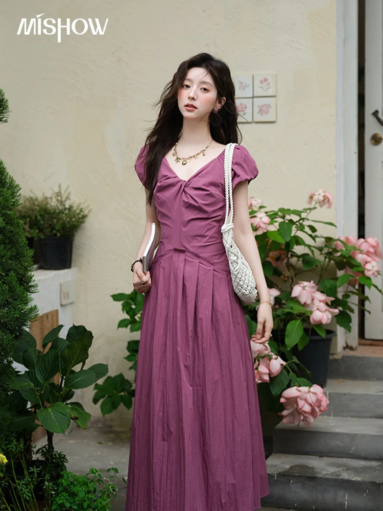 Mishow V-Neck Puff Sleeve Solid Vacation Dress MXE39L2384