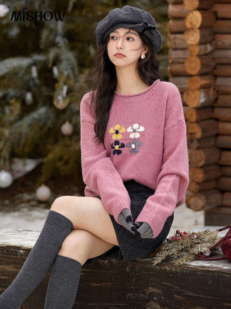 Mishow Wool Blend Flower Color Dots O-Neck Pullover MXD56Z1066