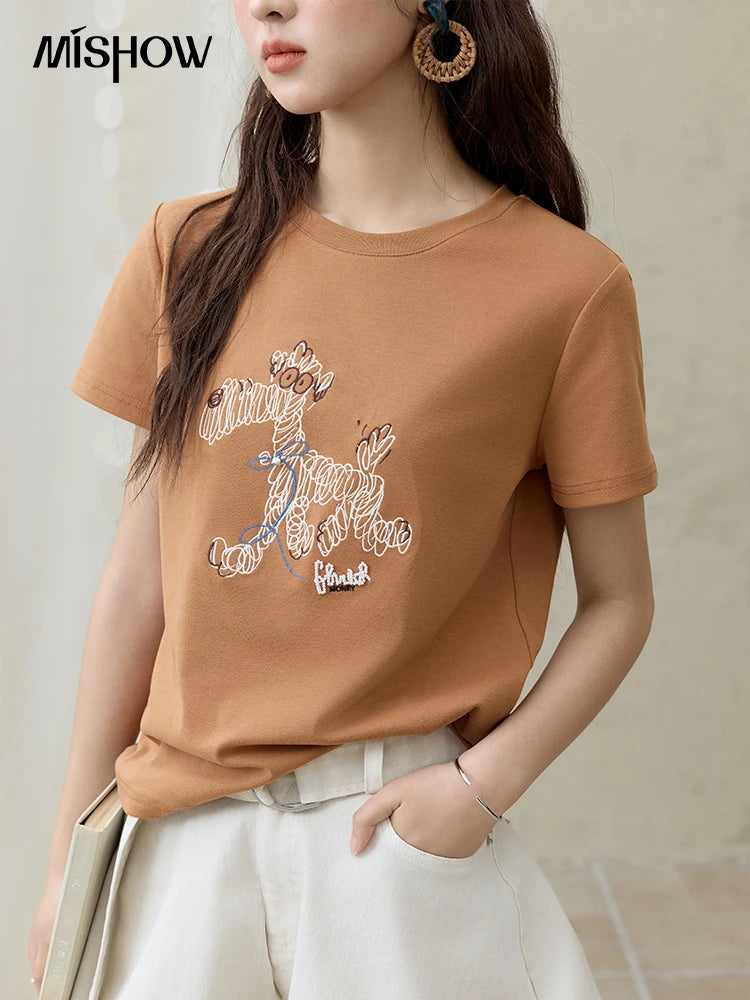 Mishow Cartoon Print Loose Embroidery Tee MXE31T0550