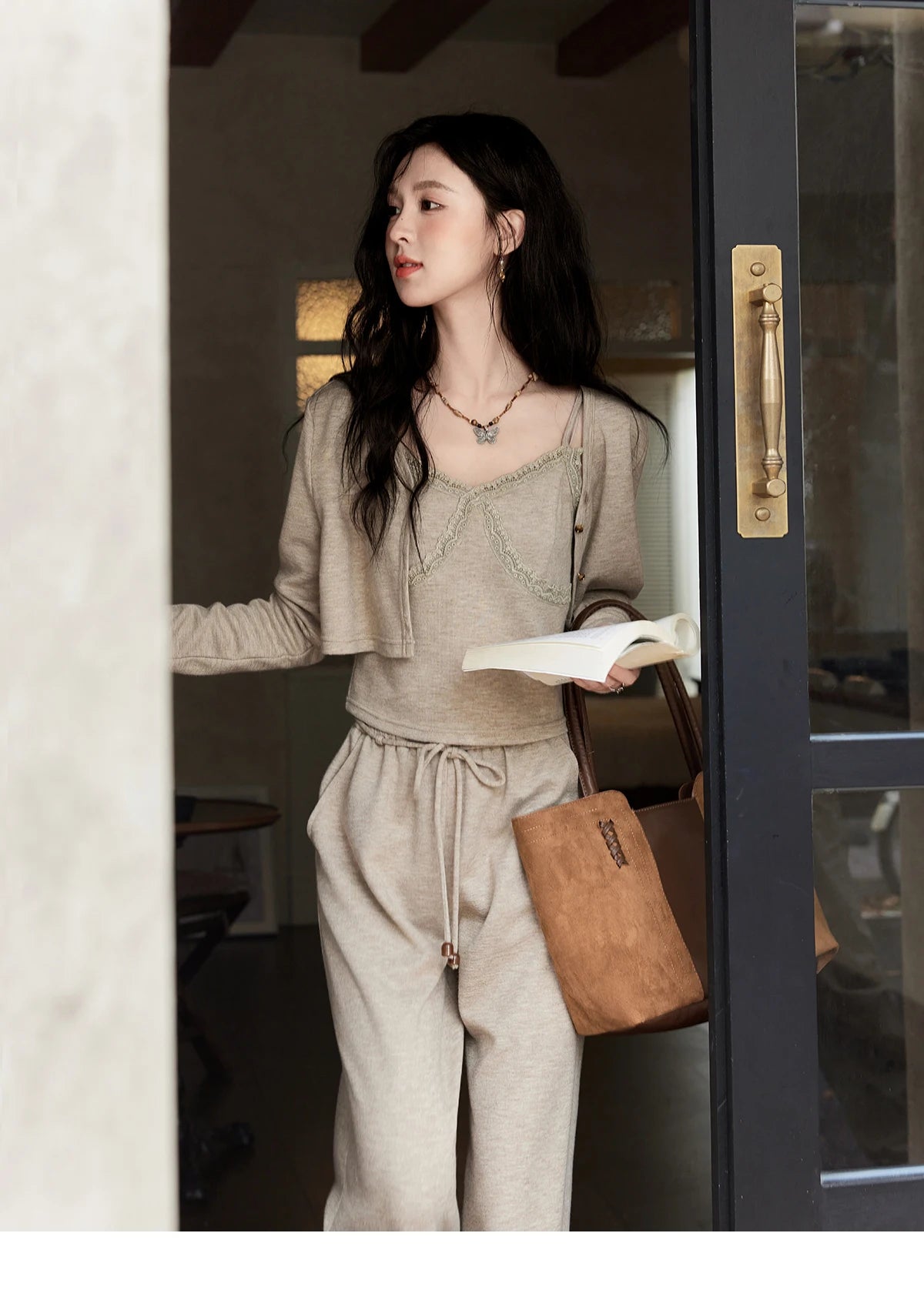 Mishow French Lace Splicing Camisole Cardigan & Straight Pants Set MXD47T0405