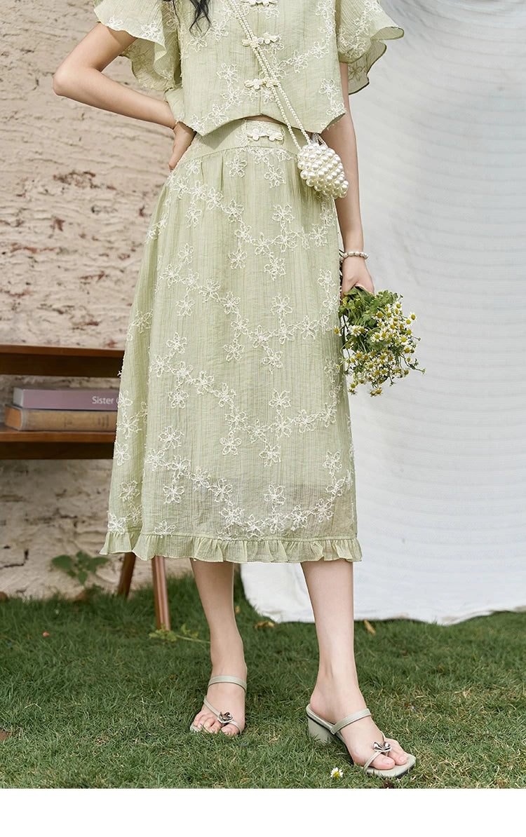 Mishow Chinese Green Stand Collar Top & Selvedge Skirt Set MXD22X1388