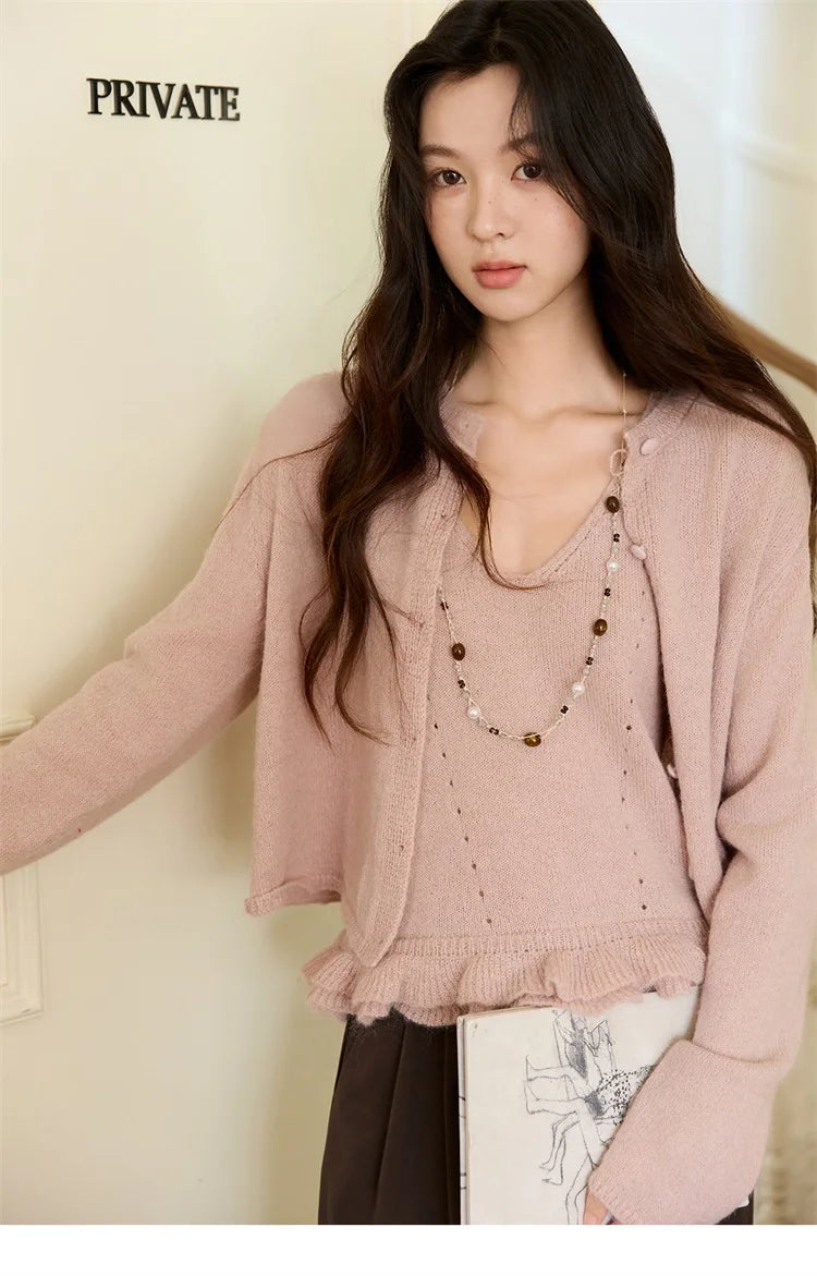 Mishow Pink Crew Neck Cardigan & Suspenders Set MXE48T1404