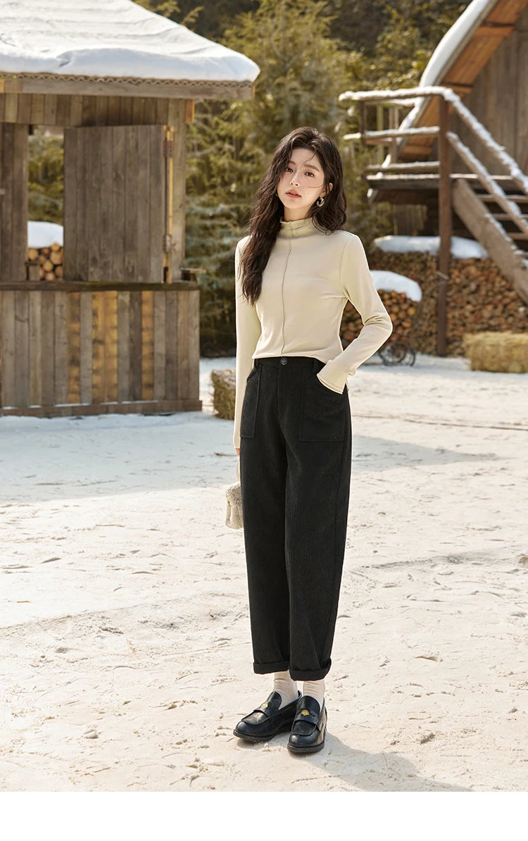 MISHOW Corduroy Pants High Waist Straight Pocket Velvet Inside MXD55K0813