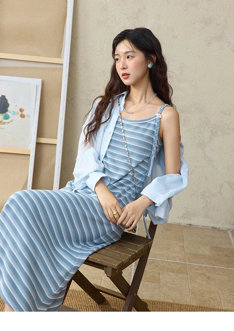 Mishow Blue Striped Camisole Dress & Lyocell Shirt Set MXE34L2285