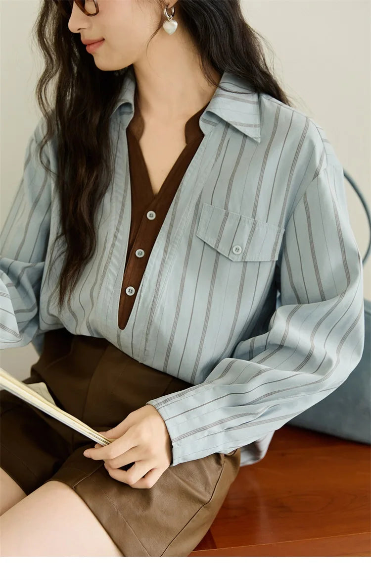 MISHOW Peach Skin Velvet Stripe Shirt Double Layered Collar MXE47C2408