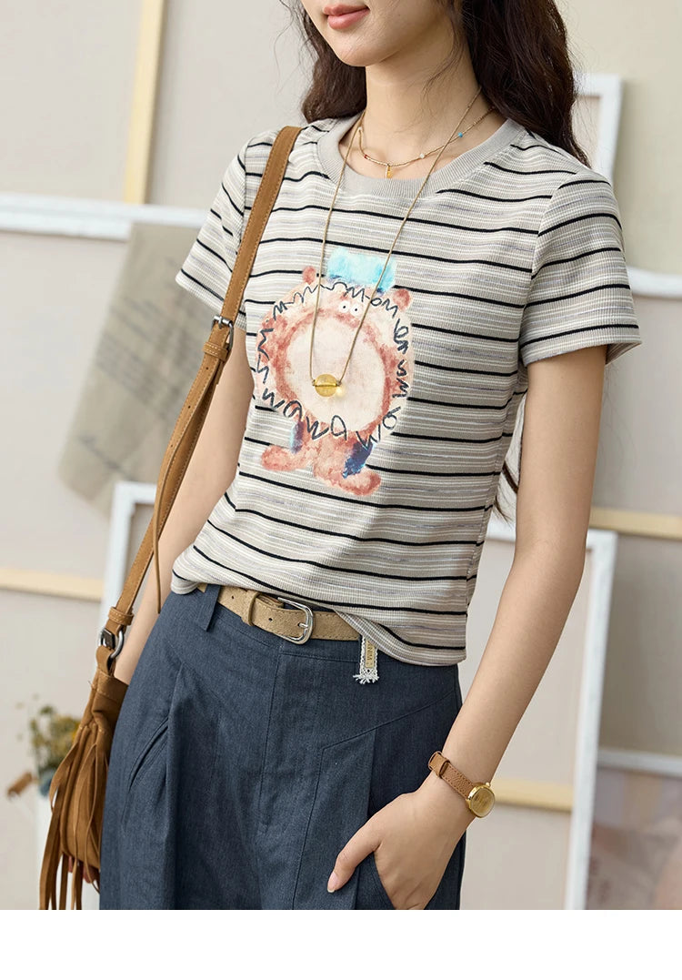 Mishow Striped Pufferfish Print Cotton Tee MXE32T0538