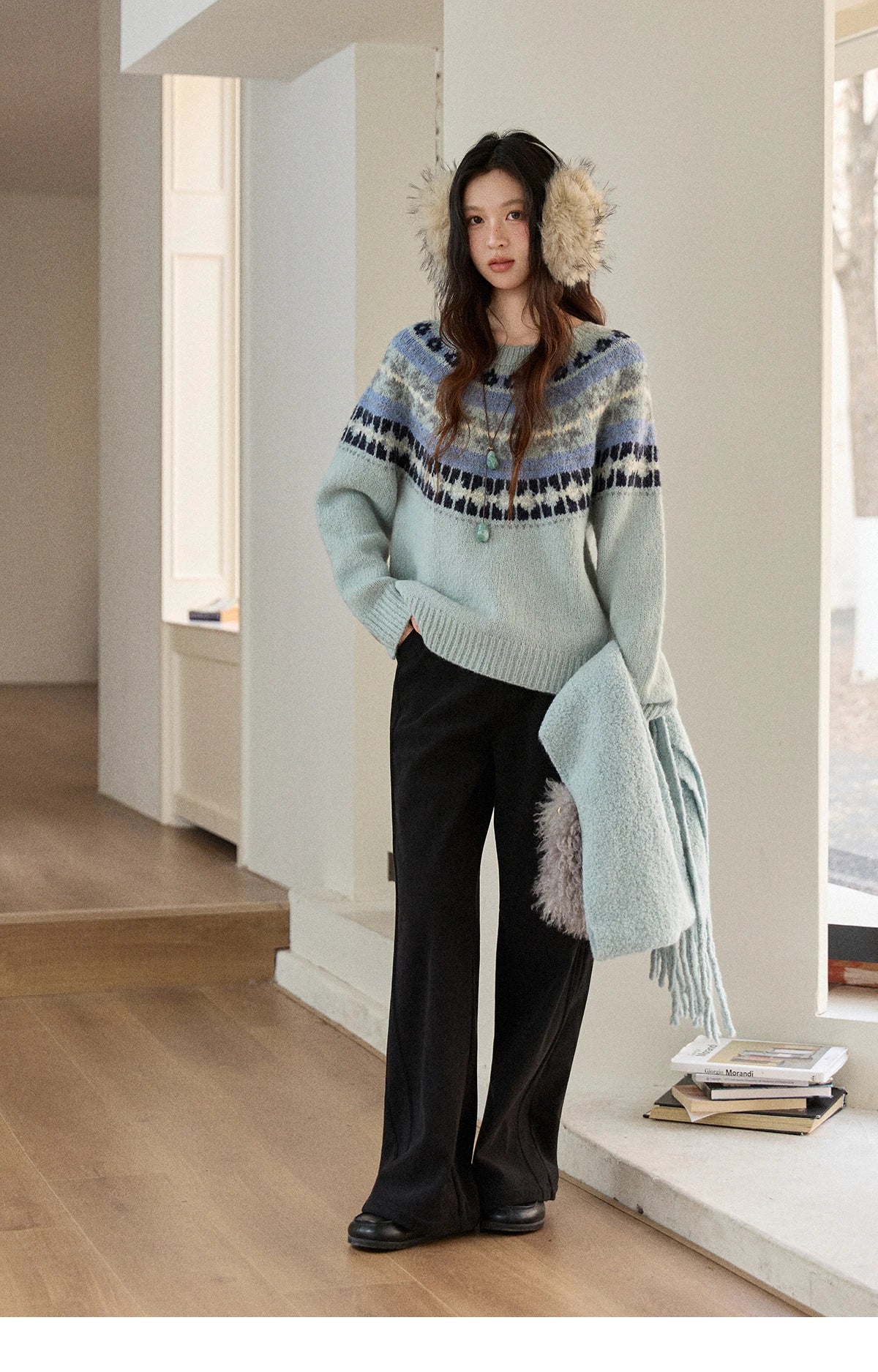 Mishow Blue Fair Isle Geometric Jacquard Pullover MXE87Z2767