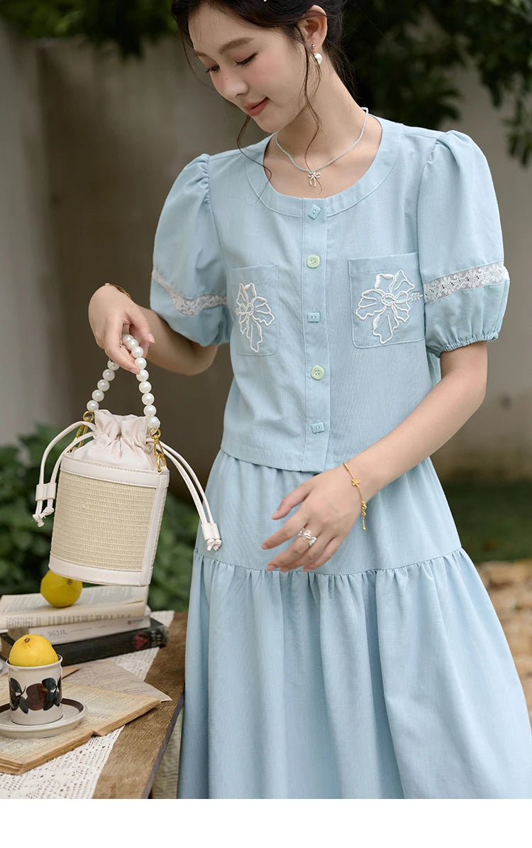 MISHOW Blue Lace Patchwork Top Elastic Waist Skirt Set MPD22B0450