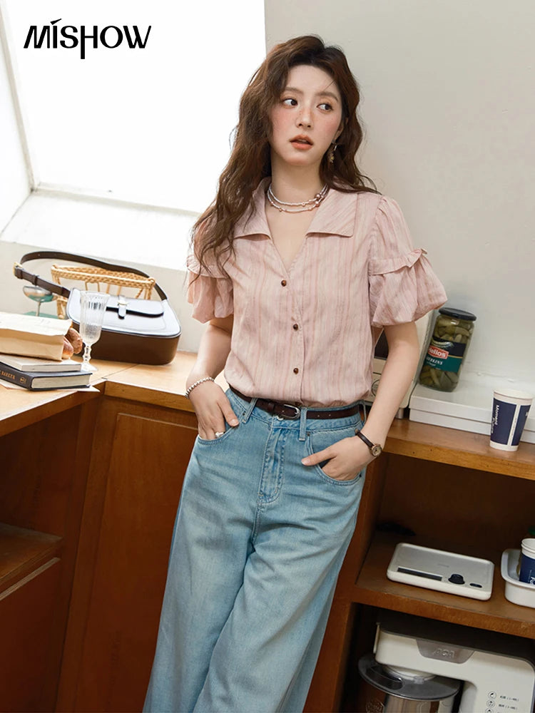 MISHOW Puff Sleeve Striped Shirt Turn-Down Collar Retro MXE37C0808