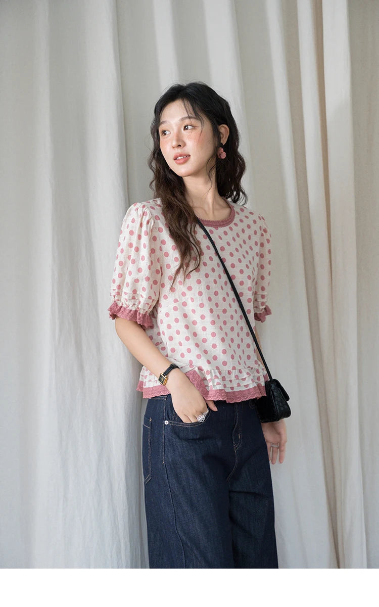 MISHOW Pink Polka Dot Puff Sleeve Blouse MXE37X1900