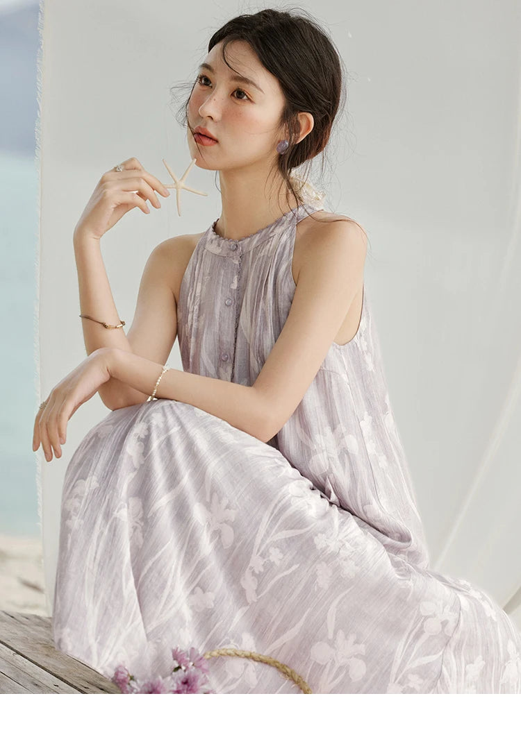 Mishow Purple Print Chiffon Stand Collar Dress MXE32L2163