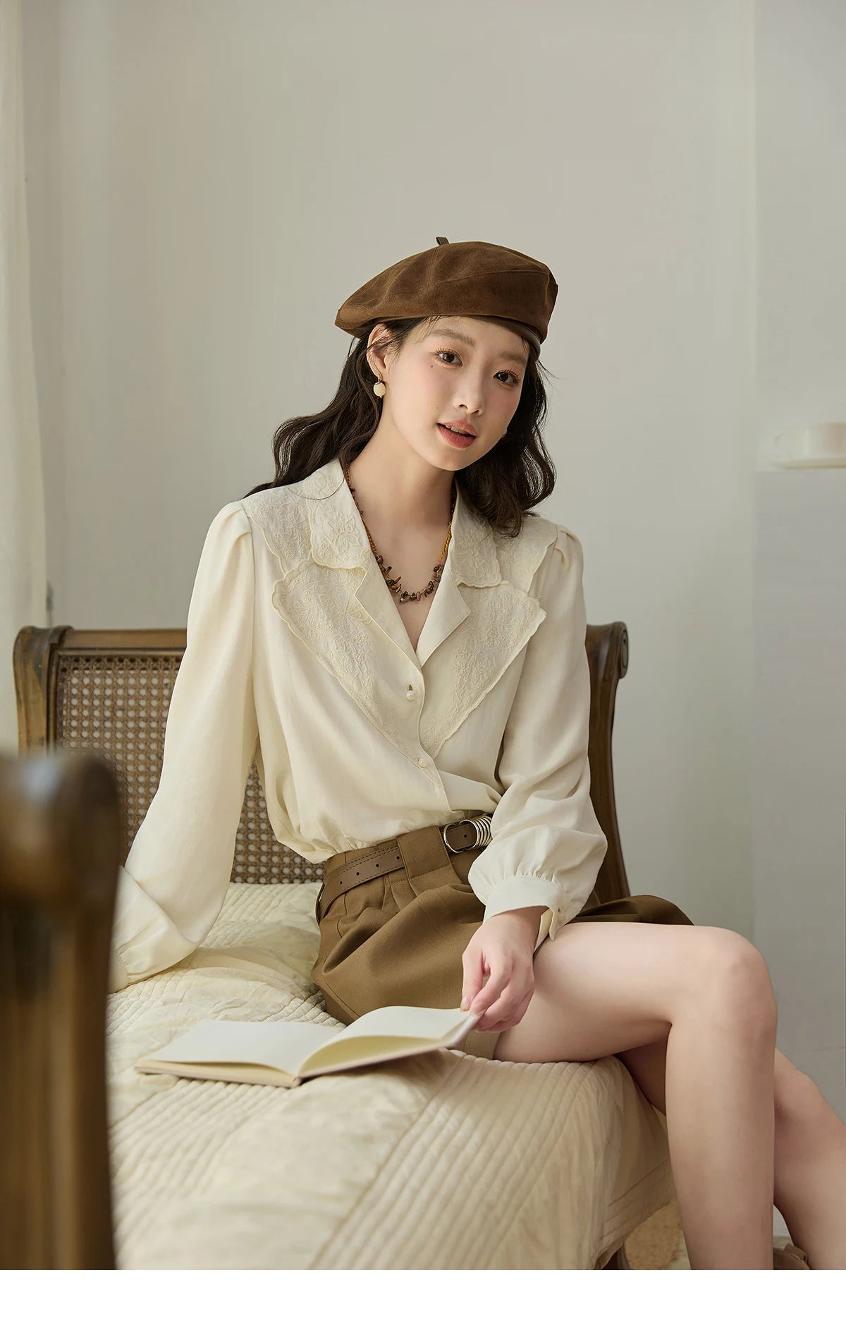 MISHOW Apricot Retro Lace V-Neck Blouse MXE45X2486