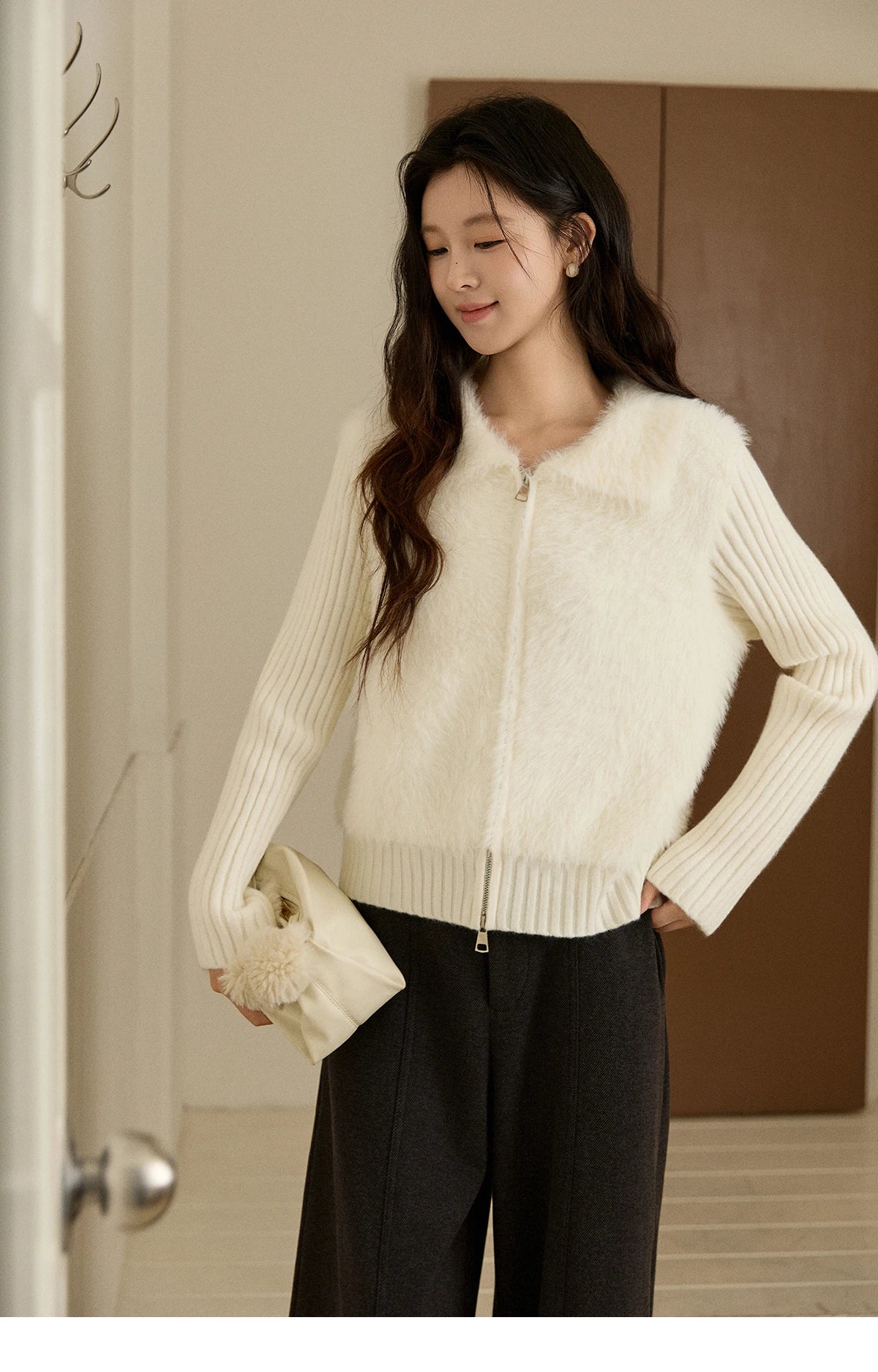 Mishow White Faux Fur Fake Two-Piece Zipper Cardigan MXE94Z2992