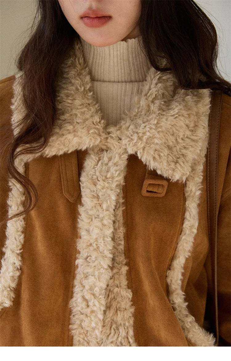 MISHOW Retro Brown Suede Jacket Patchwork Fur Turn Down Collar MXE89W0895