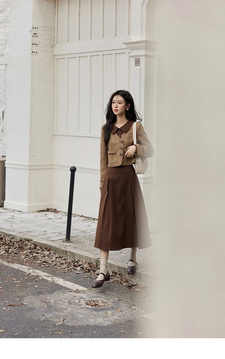 Mishow Plaid Tweed Jacket & Pleated Midi Skirt Set MXD46W0460