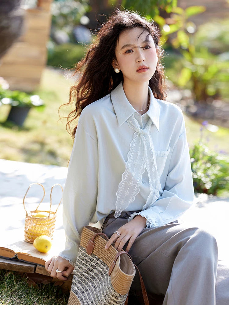 MISHOW Lace Trim Blouse Turn-Down Collar MXE16C0760