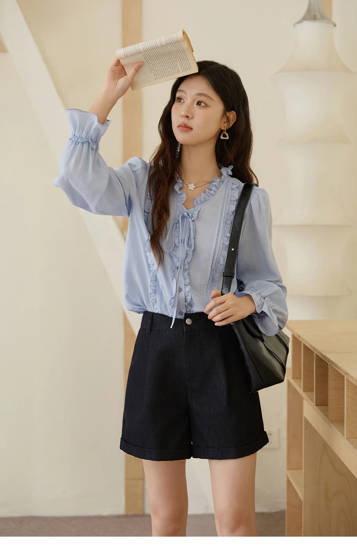 MISHOW 100% Lyocell Blue Shirt French Ruffles Ties MXE45X2484