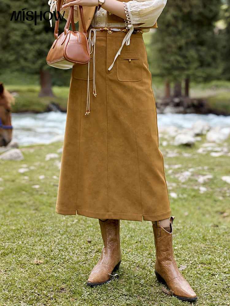 MISHOW High Waist Suede Midi Skirt Lip Pouch A-LINE MXD41B0486