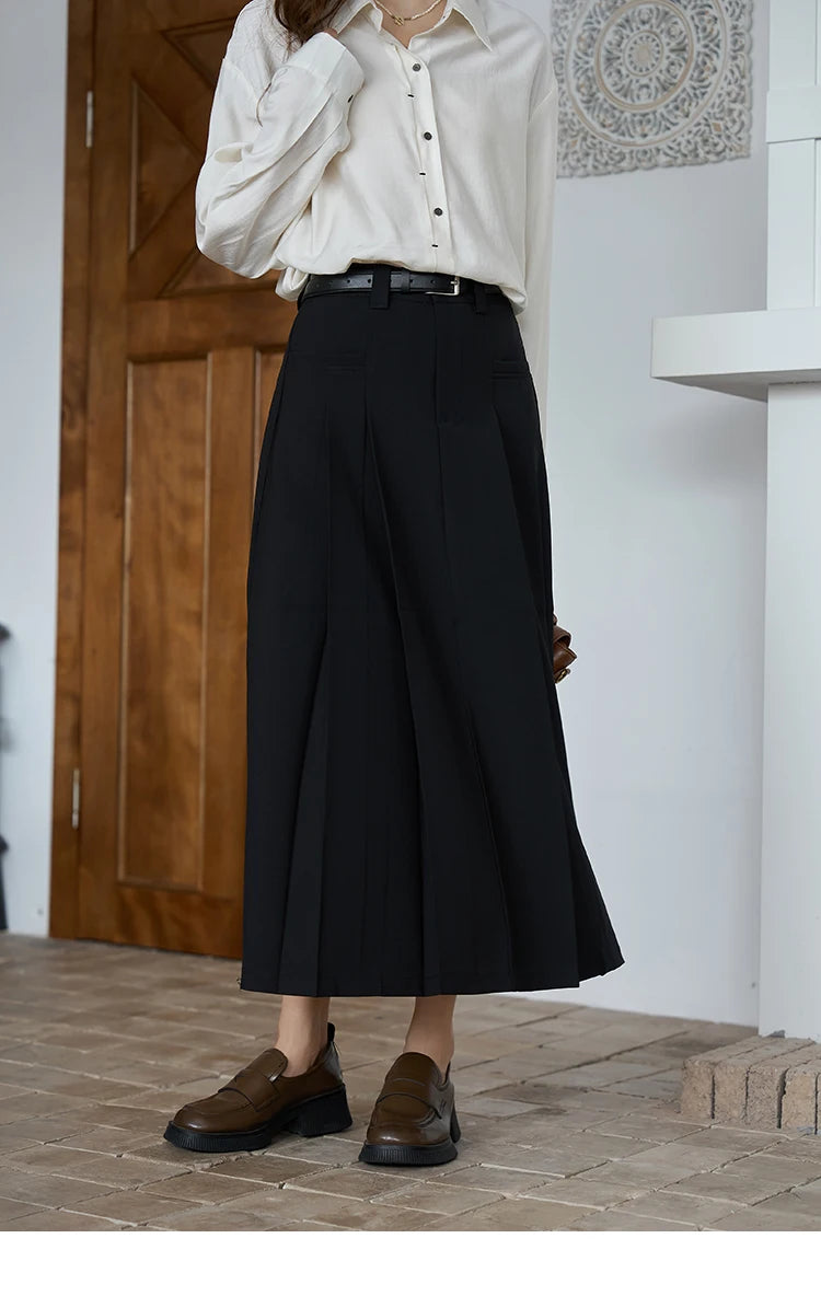 MISHOW Pleated Midi Skirt A-LINE Pockets Split Back Hem MXC42B0118