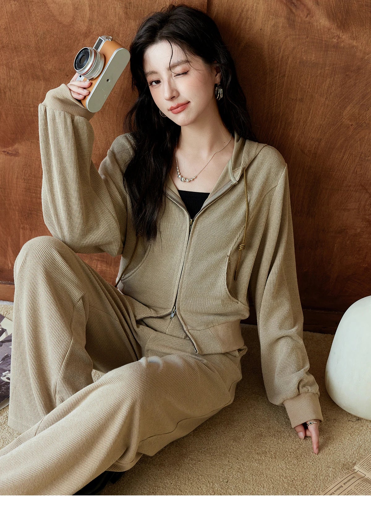 Mishow Hooded Double Zipper Sweatshirt & Straight Leg Pants Set MXD44Z0794