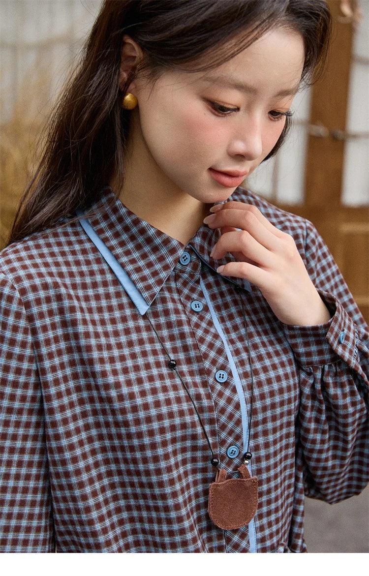 MISHOW Blue Plaid Shirt Lantern Sleeves Ruffled Hem MXE89C2420