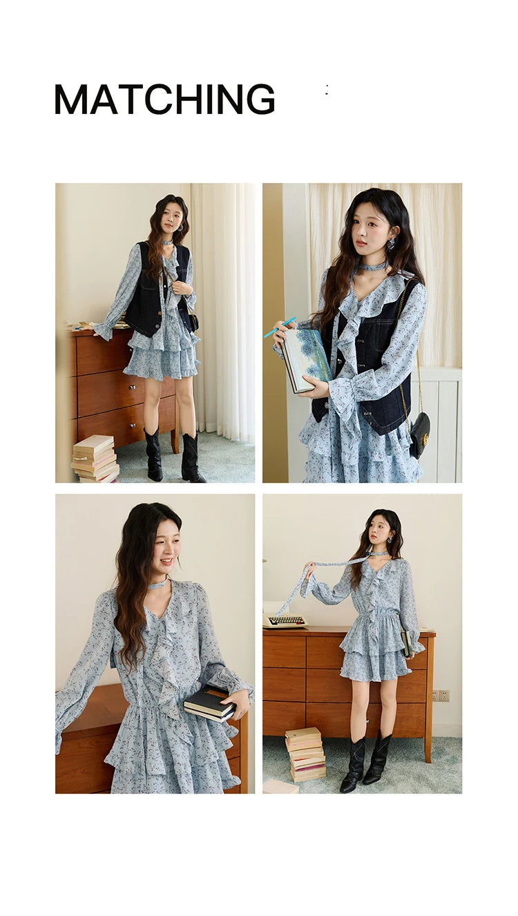 Mishow Blue Floral V-Neck Ruffled Puff Sleeve Dress MXE46L2517