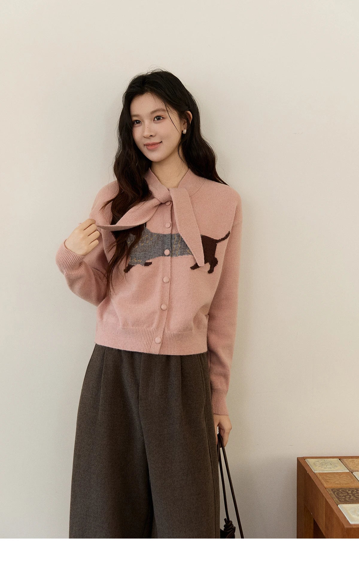 Mishow Pink Dachshund Pattern Bow Collar Cardigan MXE94Z2997