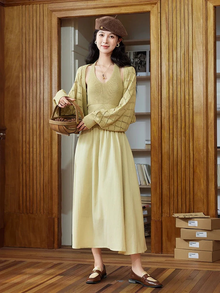 Mishow Hanging Neck Dress & Hollow Knit Cardigan Set MPD42L2040