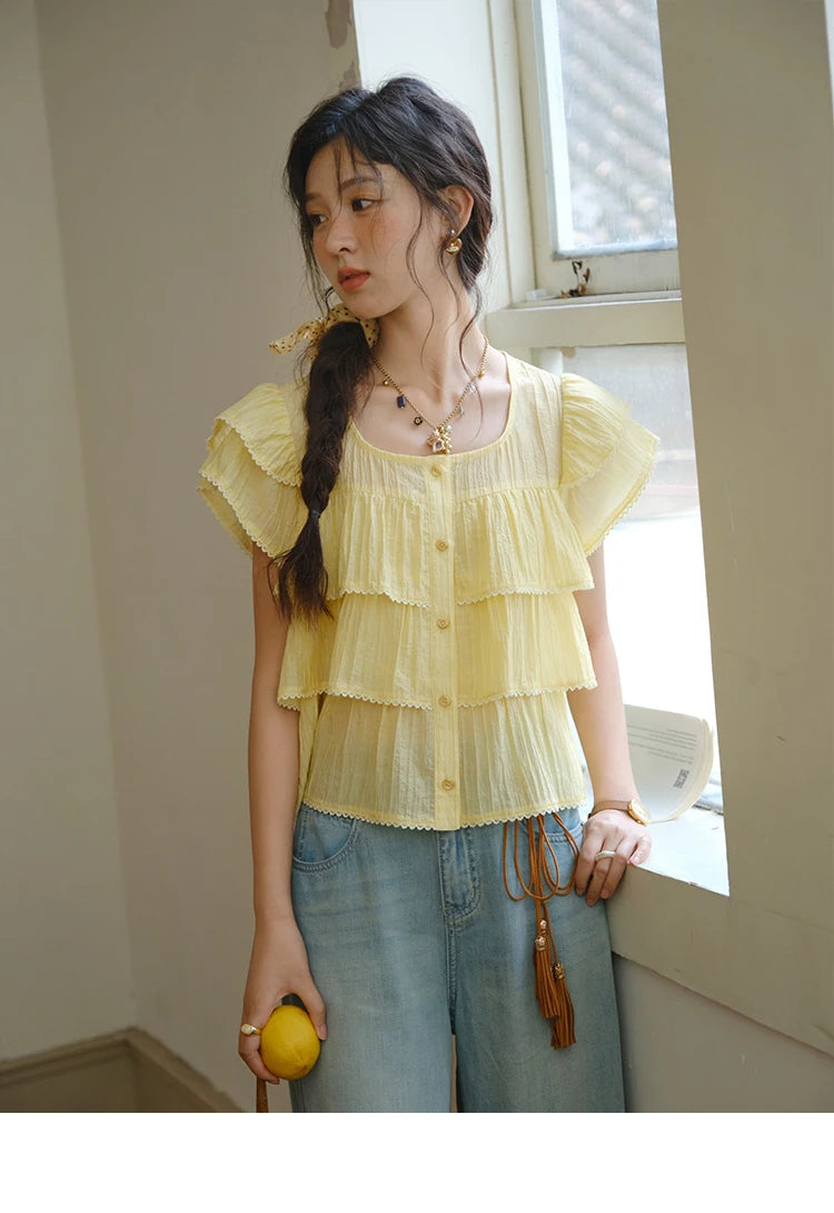 MISHOW Butterfly Sleeve Chiffon Shirt Square Neck Button MXD30X1488