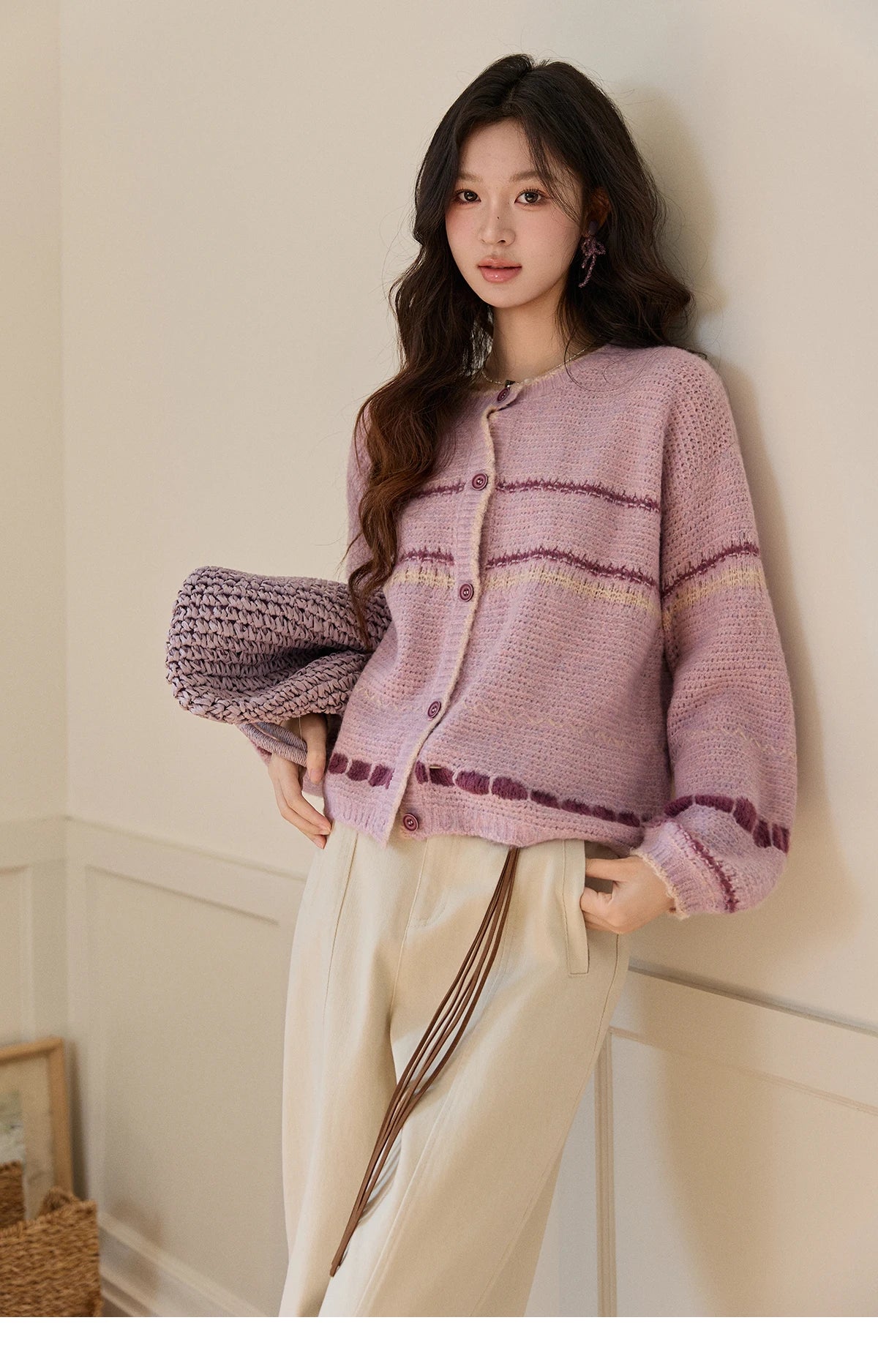 Mishow Lilac Striped Dot Crew Neck Cardigan MXF11Z2897