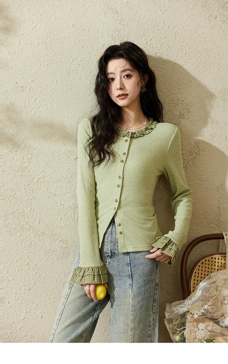 Mishow Green Plaid Lotus Leaf Sleeve Tee MXE14Z1152