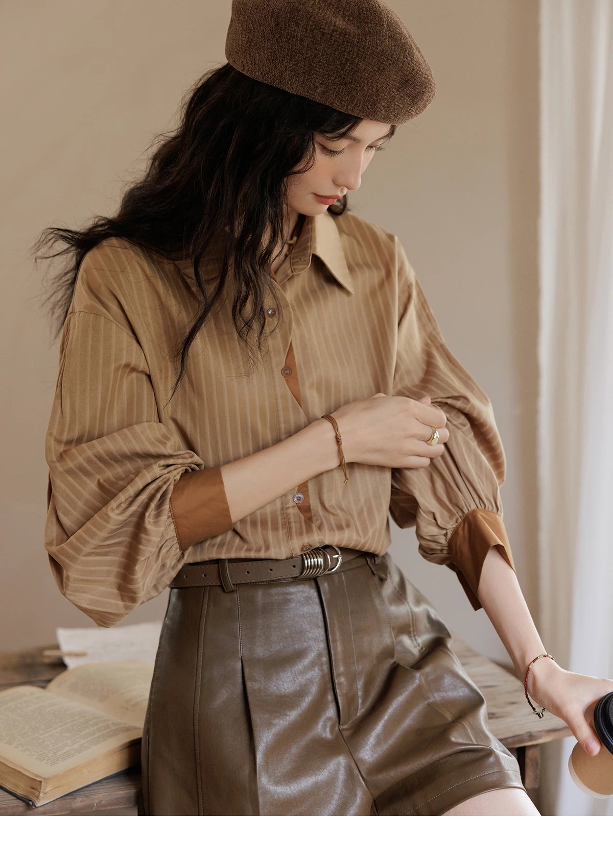 MISHOW Women's Striped Casual Shirt Retro Lapel Contrasting Cuffs MXD42C0301
